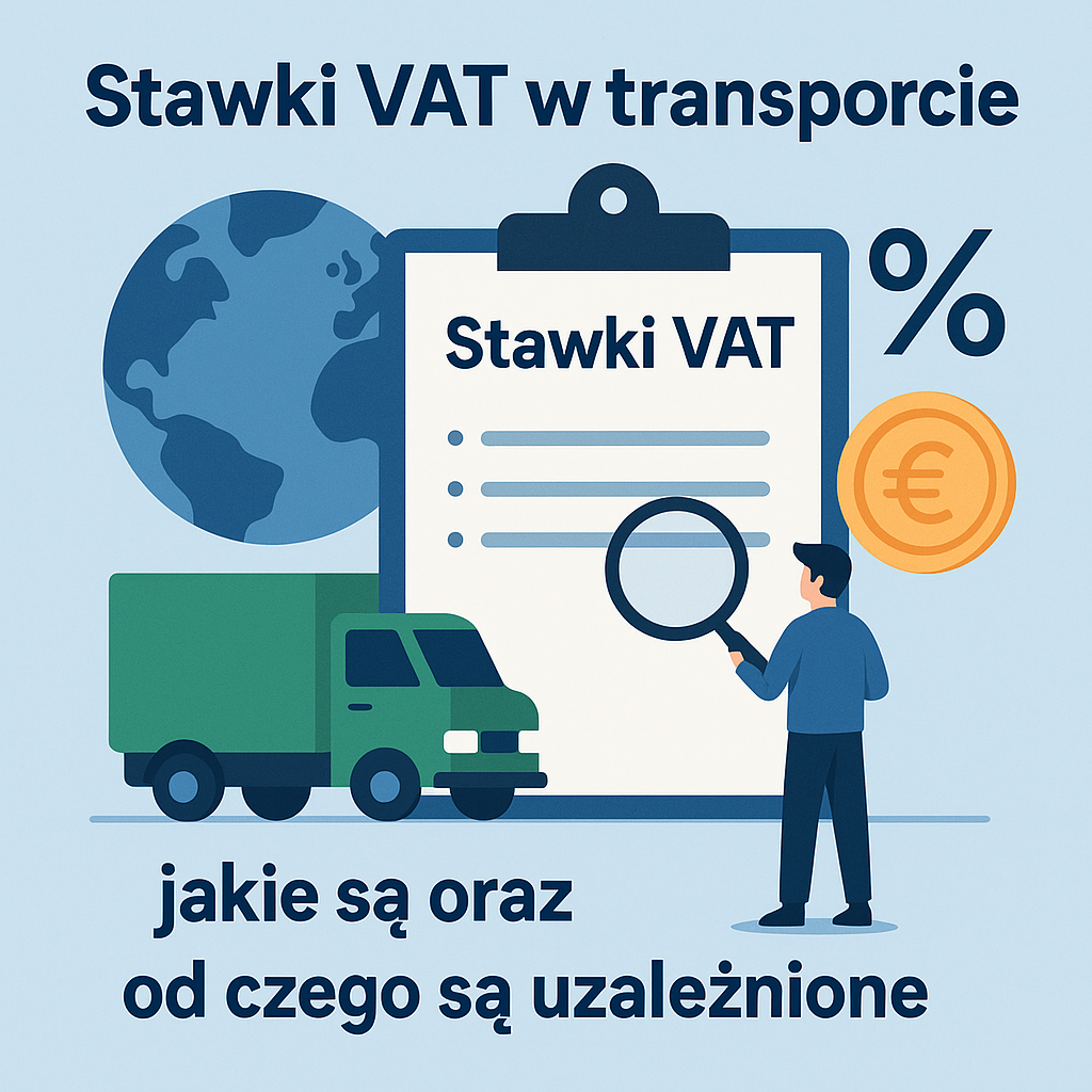 Ilustracja przedstawiająca stawki VAT w transporcie – ciężarówka, clipboard z listą, mapa świata, moneta euro i symbol procentu