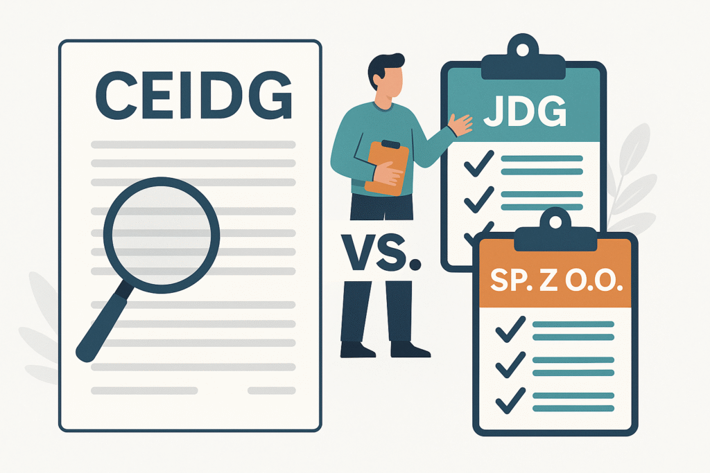 Porównanie JDG i sp. z o.o. oraz dokument CEIDG – ilustracja dotycząca zmiany danych w działalności gospodarczej