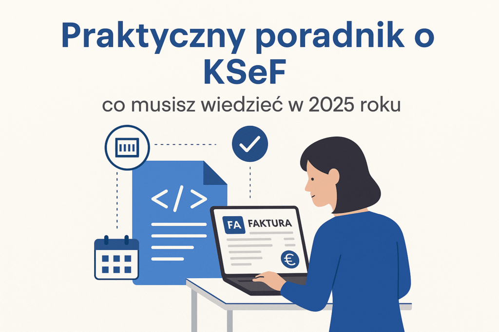 Infografika przedstawiająca KSeF – Krajowy System e-Faktur w Polsce. Symboliczne elementy faktur elektronicznych, kalendarz wdrożenia, komputer i schemat danych.