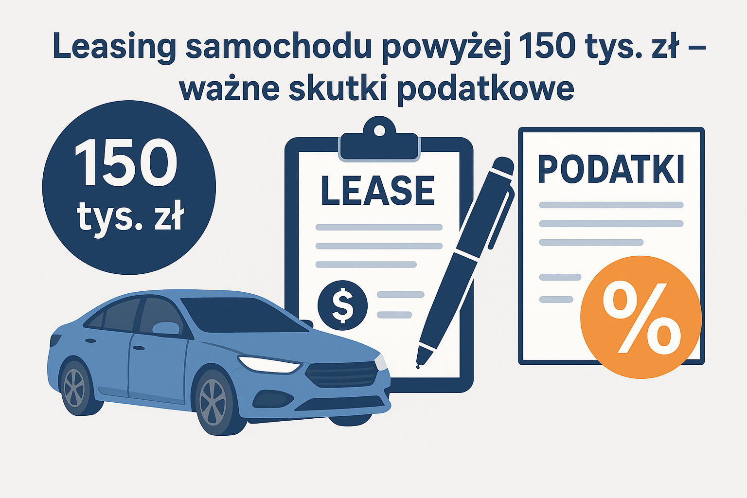 Nowoczesny samochód obok dokumentów leasingowych i podatkowych – ilustracja przedstawiająca skutki podatkowe leasingu pojazdu powyżej 150 tys. zł