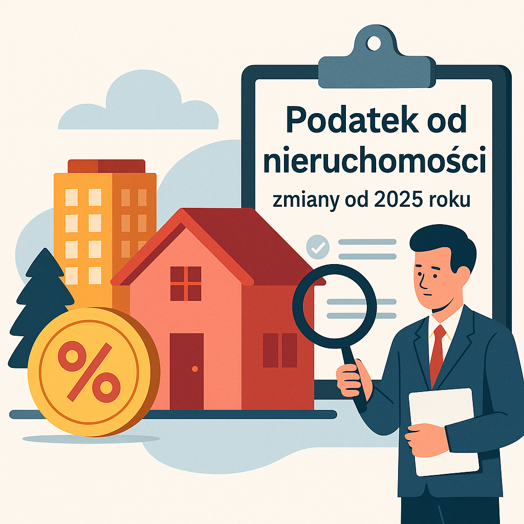 Ilustracja przedstawiająca zmiany w podatku od nieruchomości od 2025 roku – dom, budynek, złota moneta z symbolem procentu, clipboard z dokumentem i mężczyzna z lupą