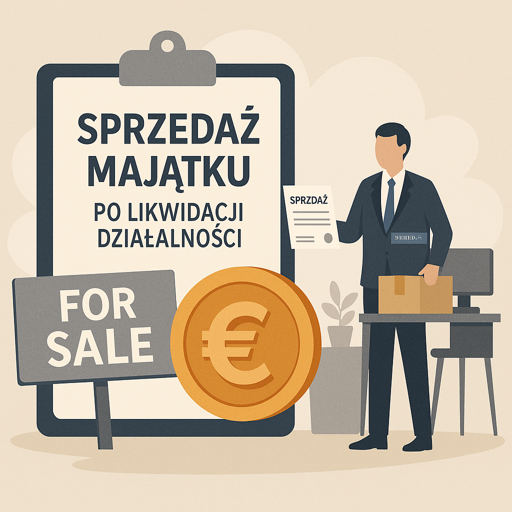 Mężczyzna z dokumentem sprzedaży i kartonem, obok tabliczki "For Sale" oraz dużej monety euro – ilustracja sprzedaży majątku po likwidacji działalności