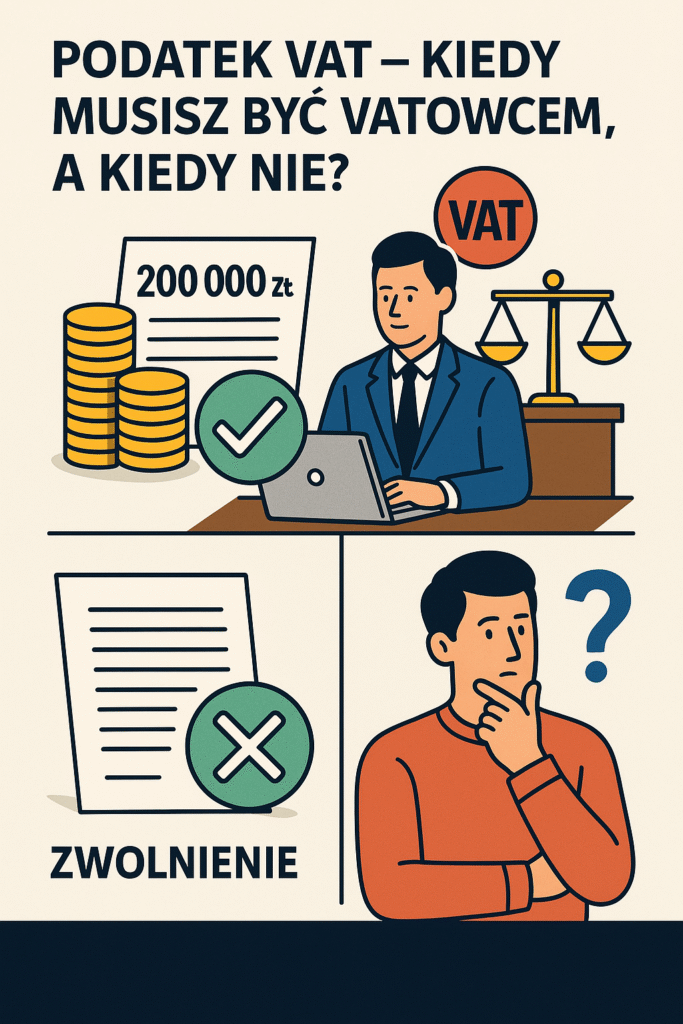 Infografika przedstawiająca obowiązek rejestracji do VAT, limit 200 tys. zł i możliwość zwolnienia z podatku – ilustracja z osobą przy laptopie, dokumentami i wagą