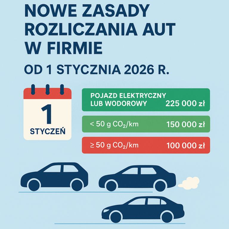 Infografika przedstawiająca nowe limity podatkowe dla samochodów firmowych od 1 stycznia 2026 r. – 225 000 zł dla aut elektrycznych i wodorowych, 150 000 zł dla pojazdów niskoemisyjnych poniżej 50 g CO₂/km, 100 000 zł dla aut spalinowych i hybryd powyżej 50 g CO₂/km.
