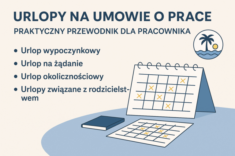 Infografika przedstawiająca rodzaje urlopów na umowie o pracę – kalendarz z zaznaczonymi dniami wolnymi i listę: urlop wypoczynkowy, urlop na żądanie, urlop okolicznościowy oraz urlopy związane z rodzicielstwem.